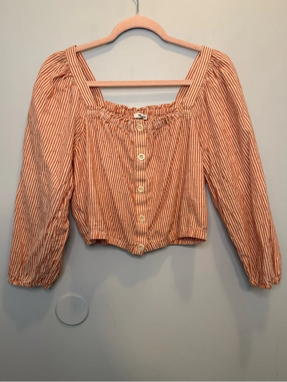 NWOT Madewell Peach Embroidered Stripe Puff Sleeve Button Front Crop Top Medium